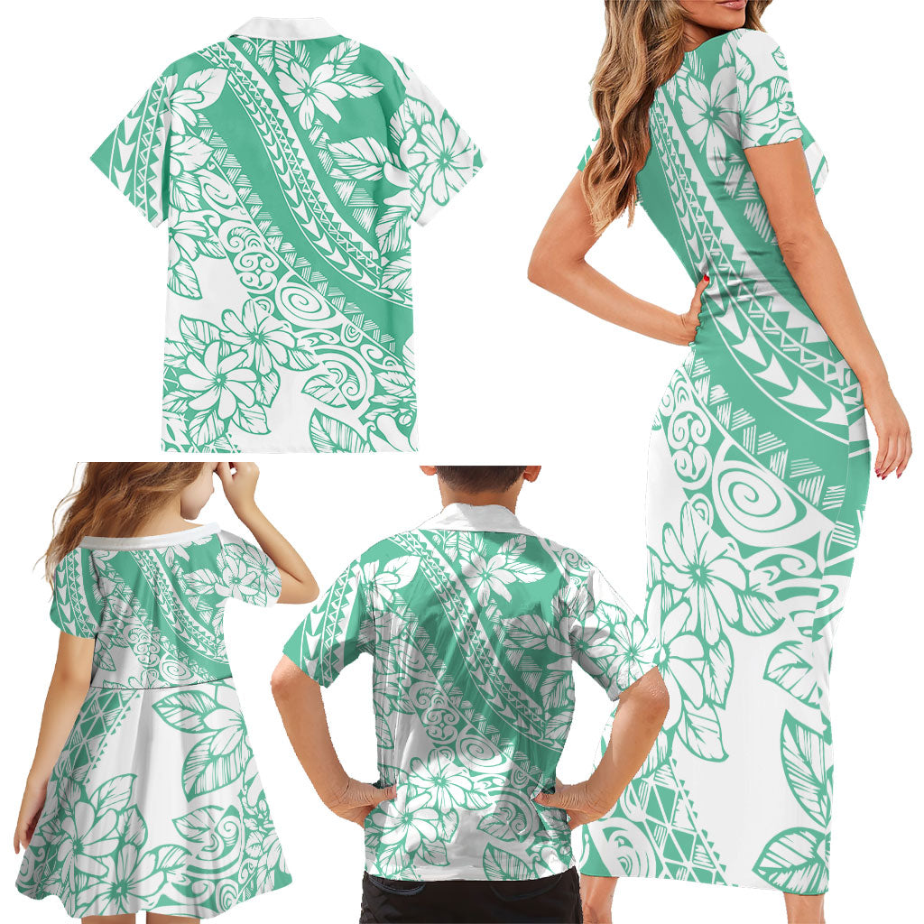 Polynesian Tiare Flower Cyan Pastel Vibes Family Matching Short Sleeve Bodycon Dress and Hawaiian Shirt LT14 - Polynesian Pride