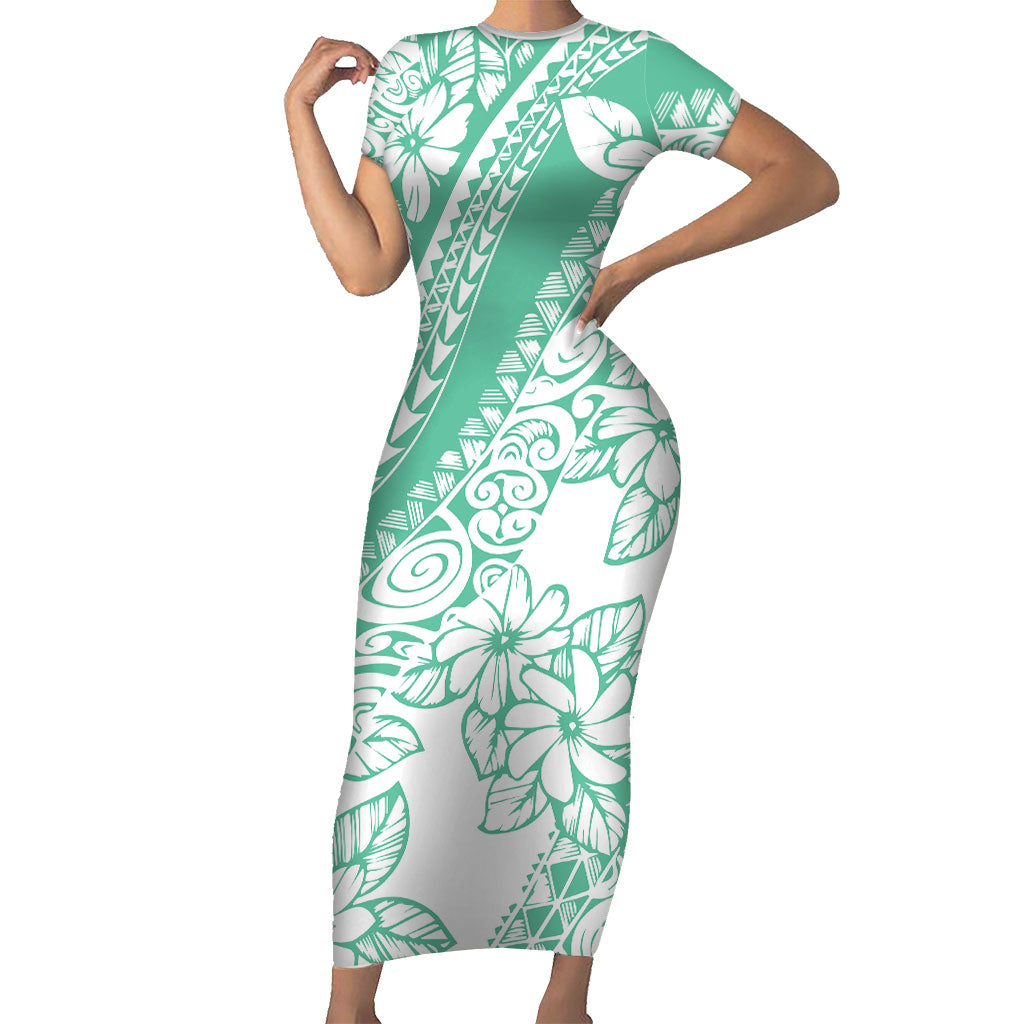 Polynesian Tiare Flower Cyan Pastel Vibes Family Matching Short Sleeve Bodycon Dress and Hawaiian Shirt LT14 Mom's Dress Cyan - Polynesian Pride