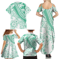 Polynesian Tiare Flower Cyan Pastel Vibes Family Matching Summer Maxi Dress and Hawaiian Shirt