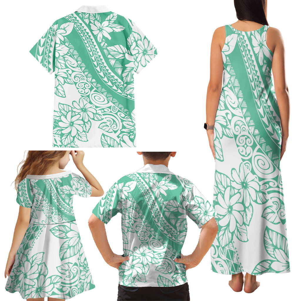 Polynesian Tiare Flower Cyan Pastel Vibes Family Matching Tank Maxi Dress and Hawaiian Shirt