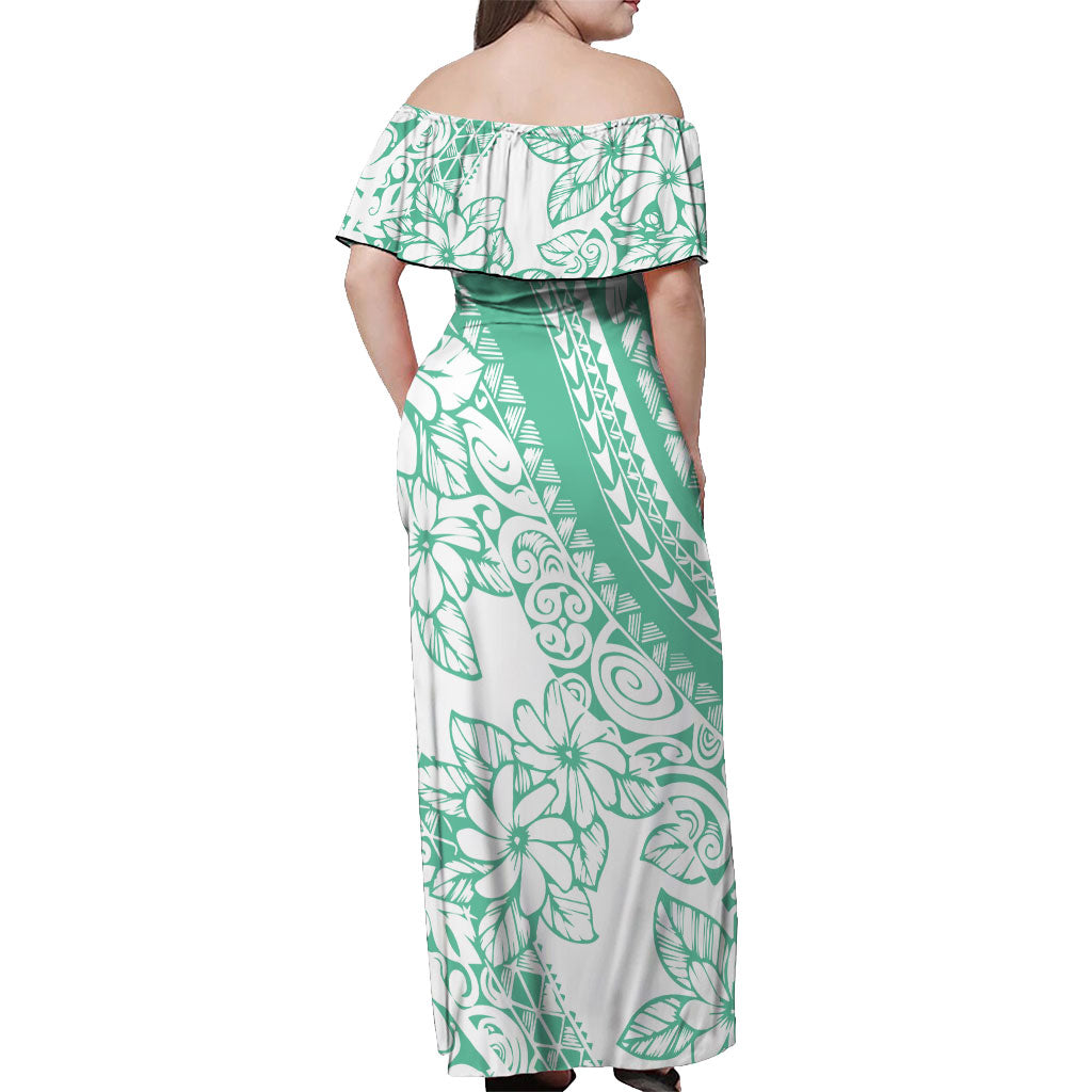 Polynesian Tiare Flower Cyan Pastel Vibes Off Shoulder Maxi Dress