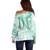 Polynesian Tiare Flower Cyan Pastel Vibes Off Shoulder Sweater