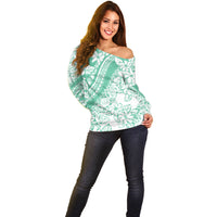 Polynesian Tiare Flower Cyan Pastel Vibes Off Shoulder Sweater