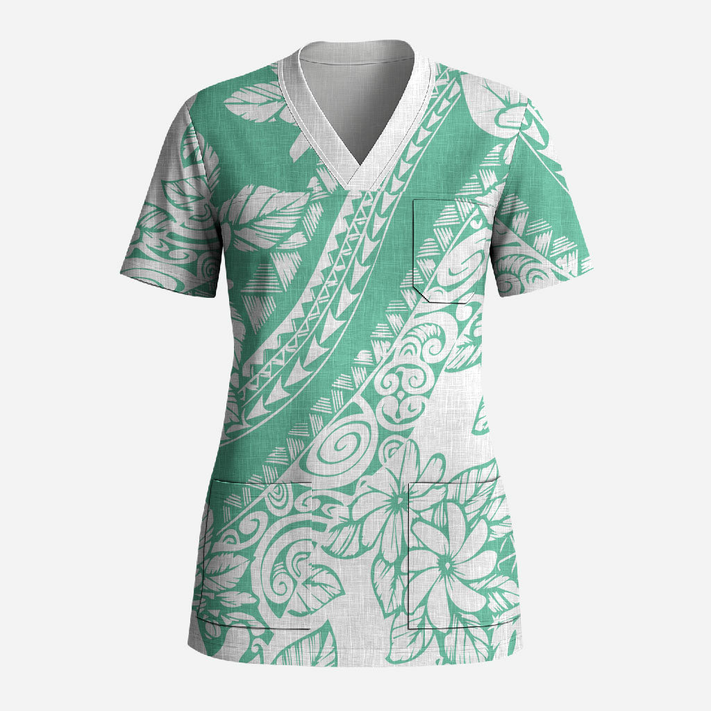 Polynesian Tiare Flower Cyan Pastel Vibes Scrub Top