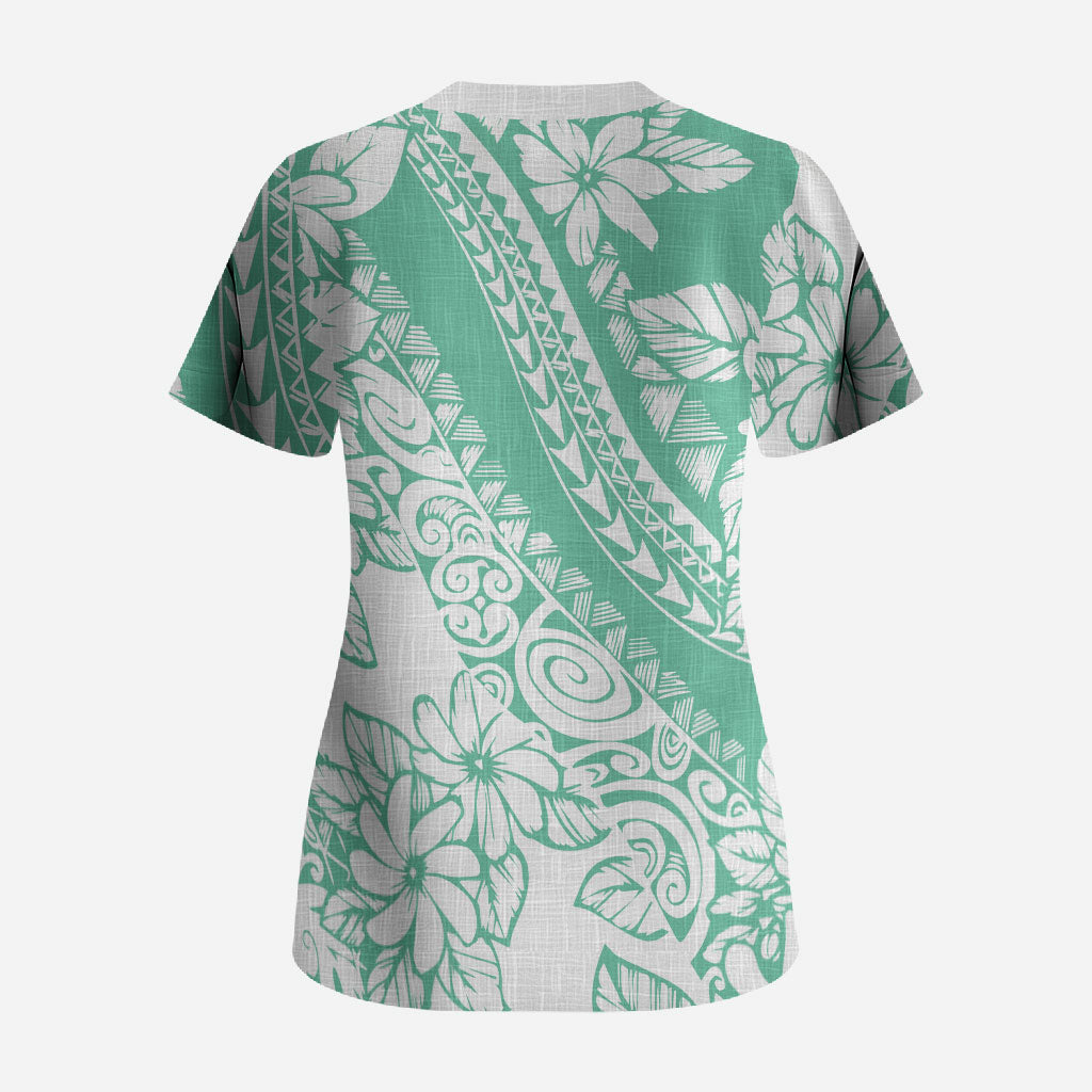 Polynesian Tiare Flower Cyan Pastel Vibes Scrub Top