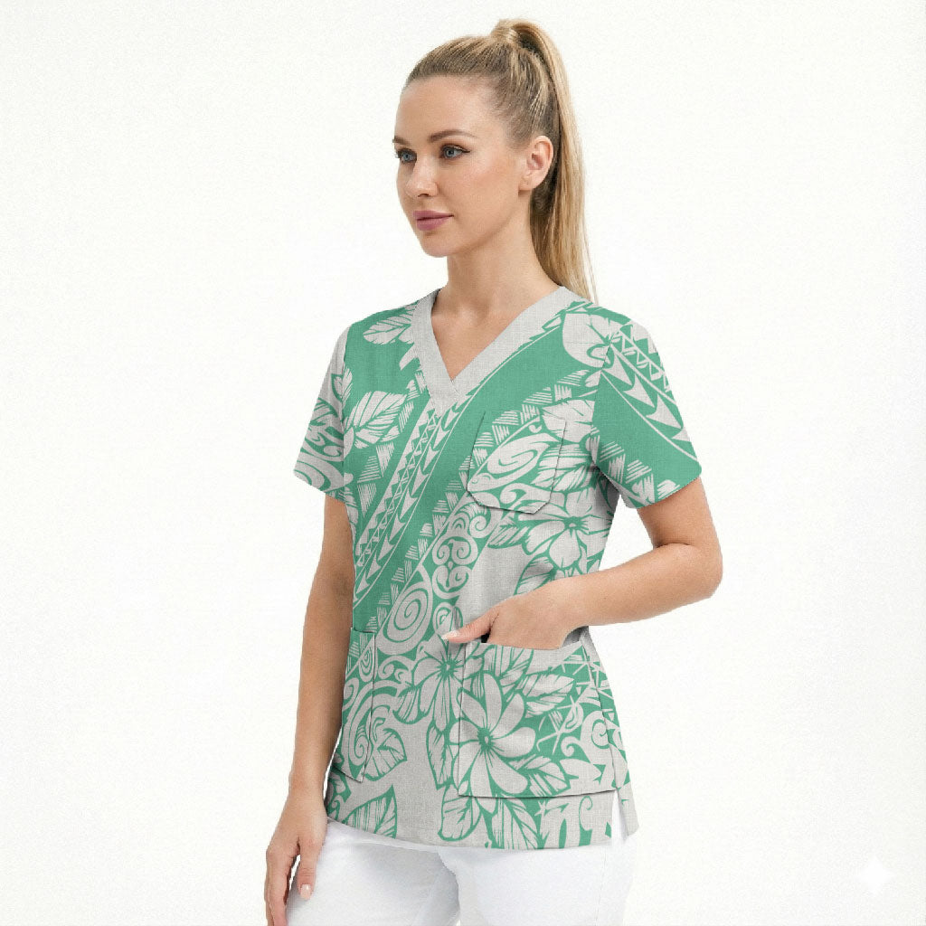 Polynesian Tiare Flower Cyan Pastel Vibes Scrub Top
