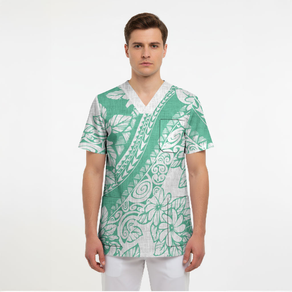 Polynesian Tiare Flower Cyan Pastel Vibes Scrub Top