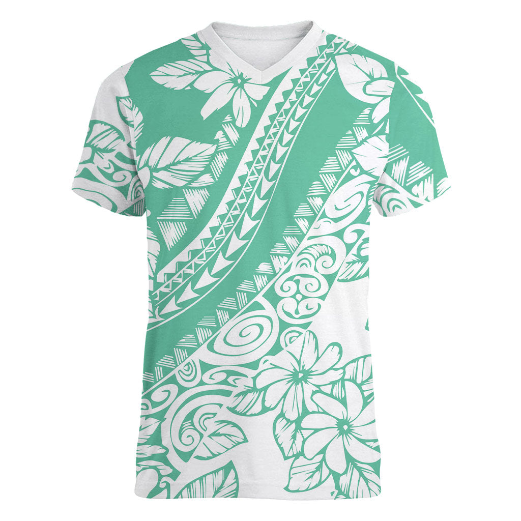 Polynesian Tiare Flower Cyan Pastel Vibes Women V-Neck T-Shirt LT14 Female Cyan - Polynesian Pride