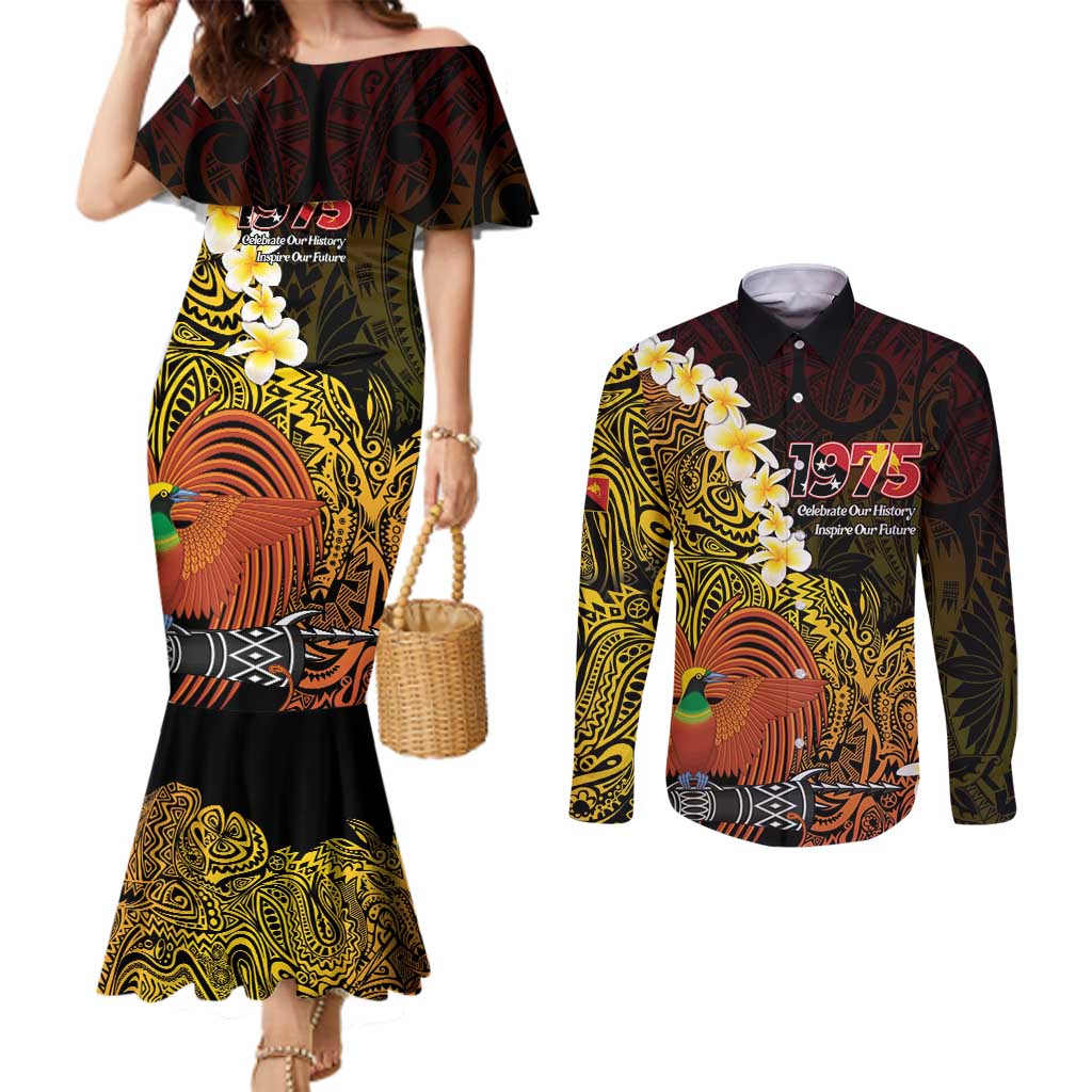 Papua New Guinea 1975 Couples Matching Mermaid Dress and Long Sleeve Button Shirt Create Our History Inspire Our Future LT14 Black - Polynesian Pride