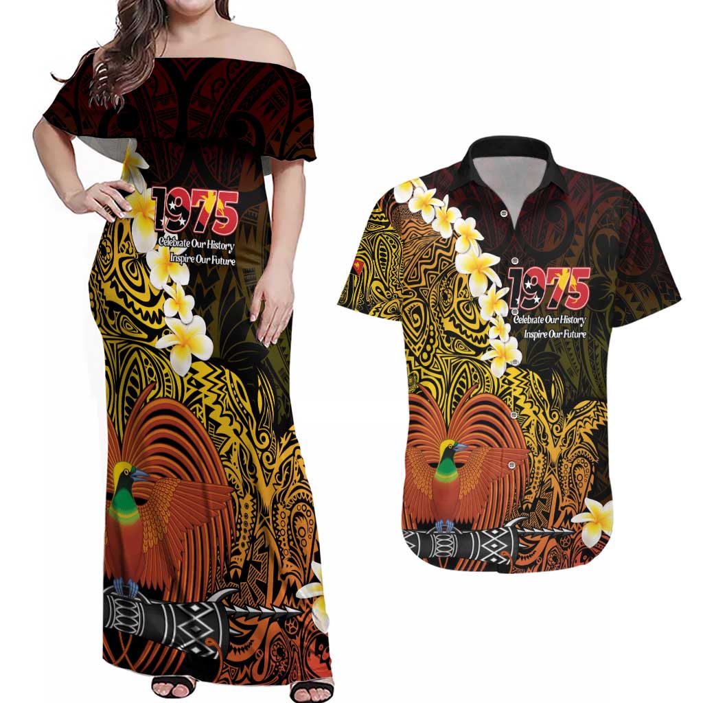 Papua New Guinea 1975 Couples Matching Off Shoulder Maxi Dress and Hawaiian Shirt Create Our History Inspire Our Future LT14 Black - Polynesian Pride