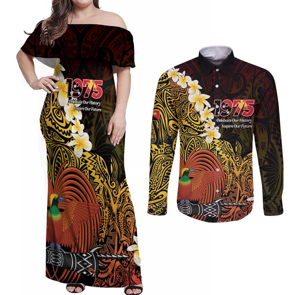 Papua New Guinea 1975 Couples Matching Off Shoulder Maxi Dress and Long Sleeve Button Shirt Create Our History Inspire Our Future LT14 Black - Polynesian Pride