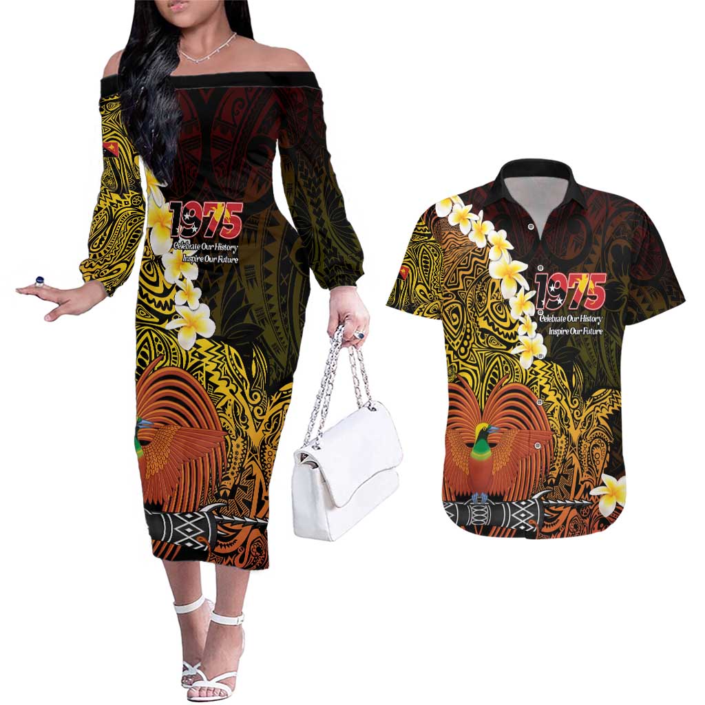 Papua New Guinea 1975 Couples Matching Off The Shoulder Long Sleeve Dress and Hawaiian Shirt Create Our History Inspire Our Future - Polynesian Pride