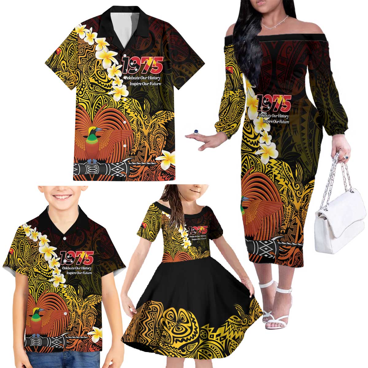 Papua New Guinea 1975 Family Matching Off The Shoulder Long Sleeve Dress and Hawaiian Shirt Create Our History Inspire Our Future - Polynesian Pride