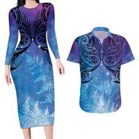 New Zealand Matariki Couples Matching Long Sleeve Bodycon Dress and Hawaiian Shirt Aotearoa Maori New Year Galaxy Maori Silver Fern LT14 Blue - Polynesian Pride