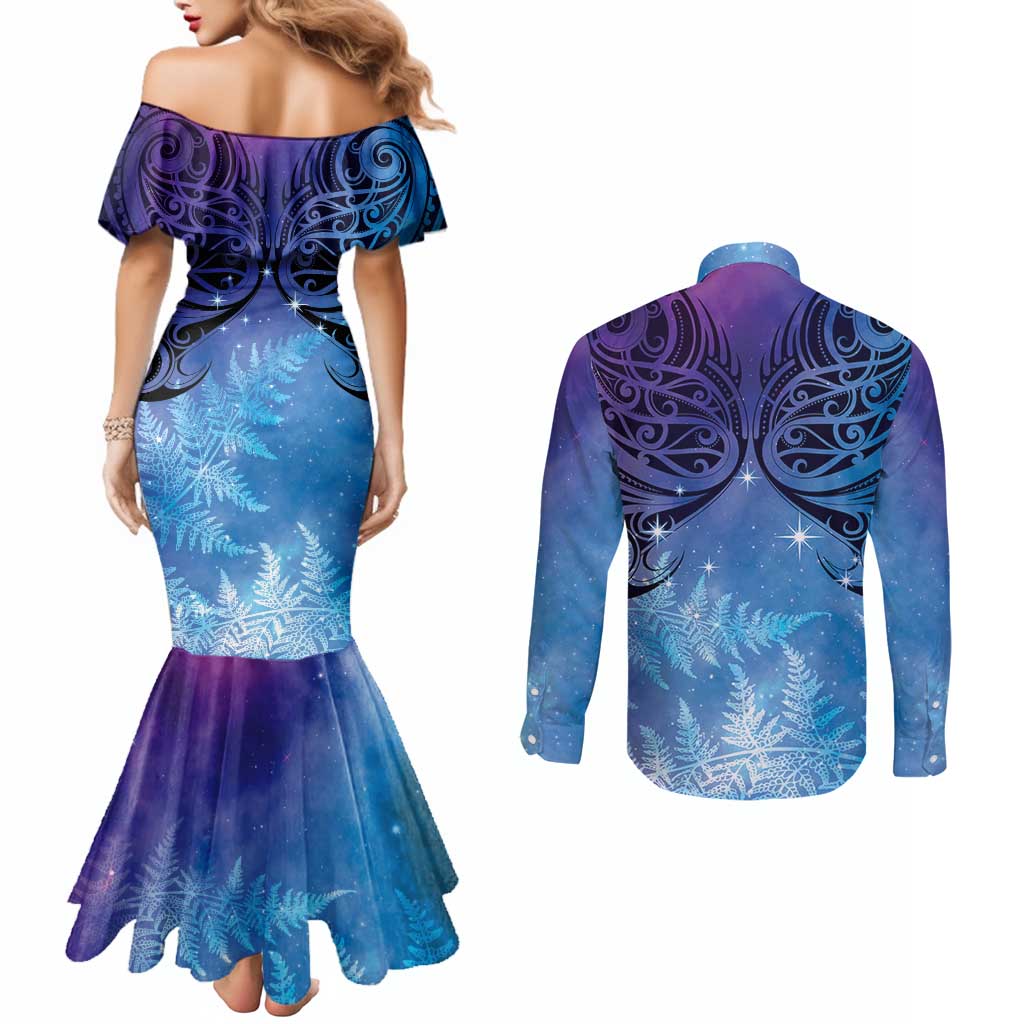 New Zealand Matariki Couples Matching Mermaid Dress and Long Sleeve Button Shirt Aotearoa Maori New Year Galaxy Maori Silver Fern LT14 - Polynesian Pride