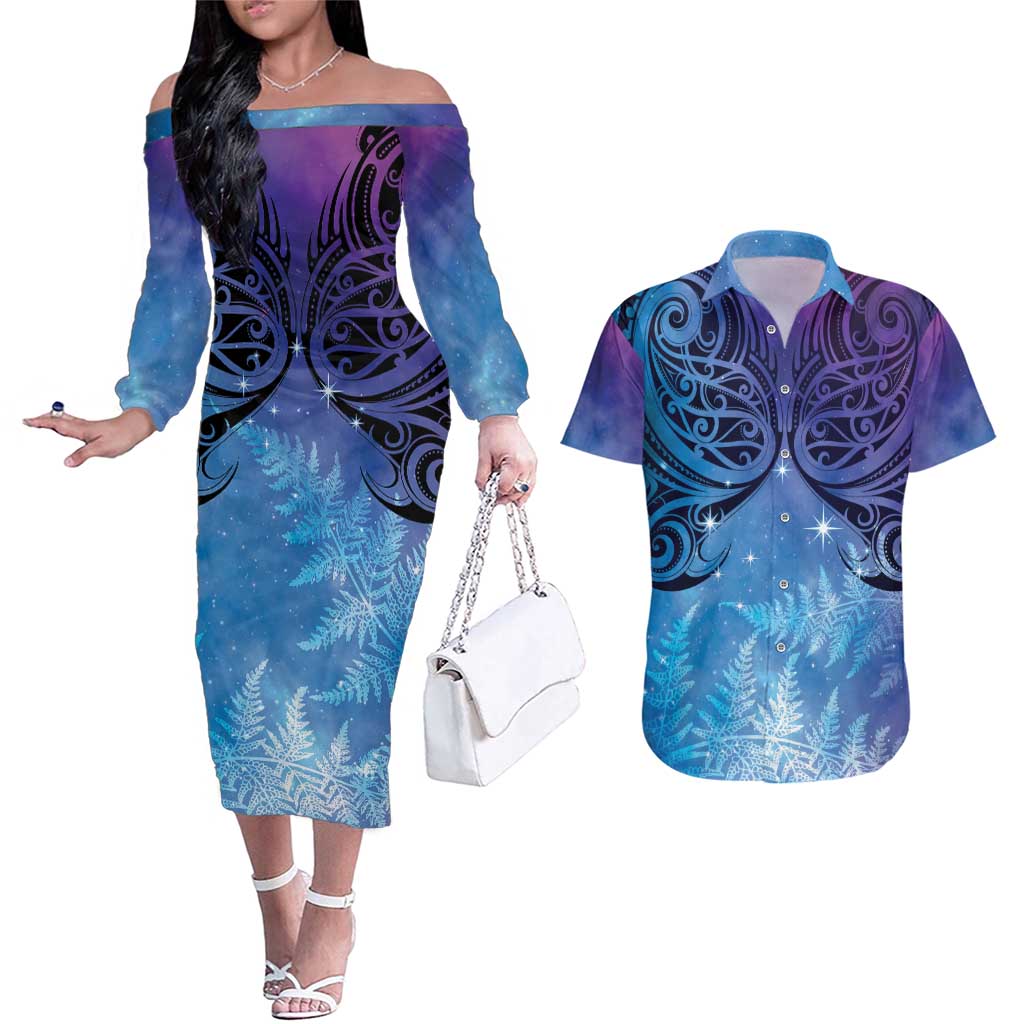New Zealand Matariki Couples Matching Off The Shoulder Long Sleeve Dress and Hawaiian Shirt Aotearoa Maori New Year Galaxy Maori Silver Fern LT14 Blue - Polynesian Pride