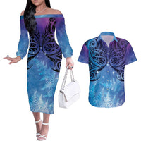 New Zealand Matariki Couples Matching Off The Shoulder Long Sleeve Dress and Hawaiian Shirt Aotearoa Maori New Year Galaxy Maori Silver Fern LT14 Blue - Polynesian Pride