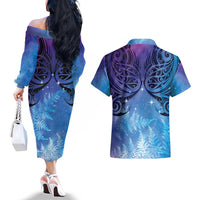 New Zealand Matariki Couples Matching Off The Shoulder Long Sleeve Dress and Hawaiian Shirt Aotearoa Maori New Year Galaxy Maori Silver Fern LT14 - Polynesian Pride