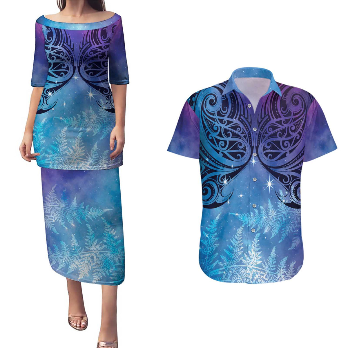 New Zealand Matariki Couples Matching Puletasi and Hawaiian Shirt Aotearoa Maori New Year Galaxy Maori Silver Fern LT14 Blue - Polynesian Pride