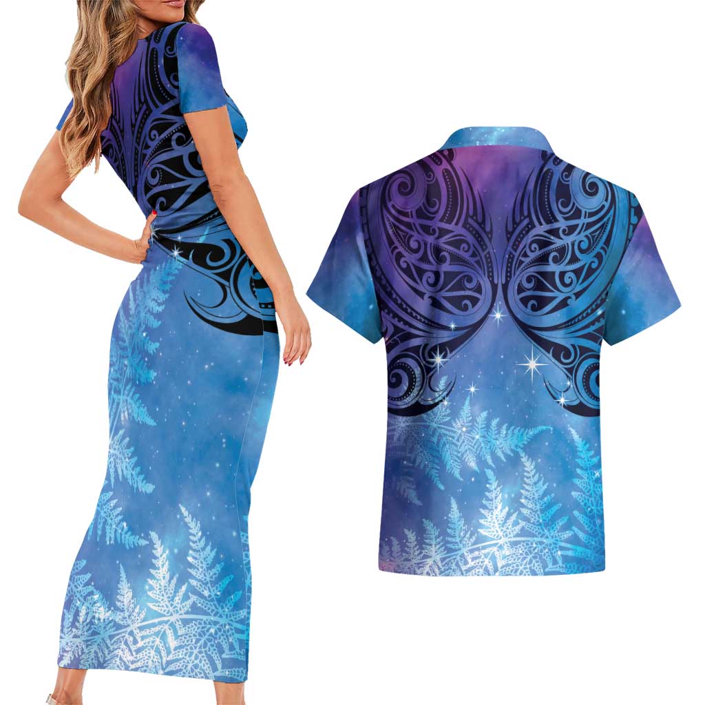 New Zealand Matariki Couples Matching Short Sleeve Bodycon Dress and Hawaiian Shirt Aotearoa Maori New Year Galaxy Maori Silver Fern