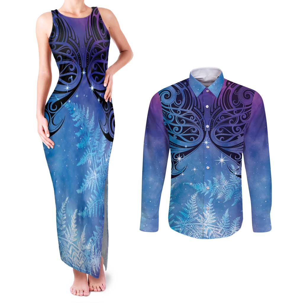 New Zealand Matariki Couples Matching Tank Maxi Dress and Long Sleeve Button Shirt Aotearoa Maori New Year Galaxy Maori Silver Fern LT14 Blue - Polynesian Pride