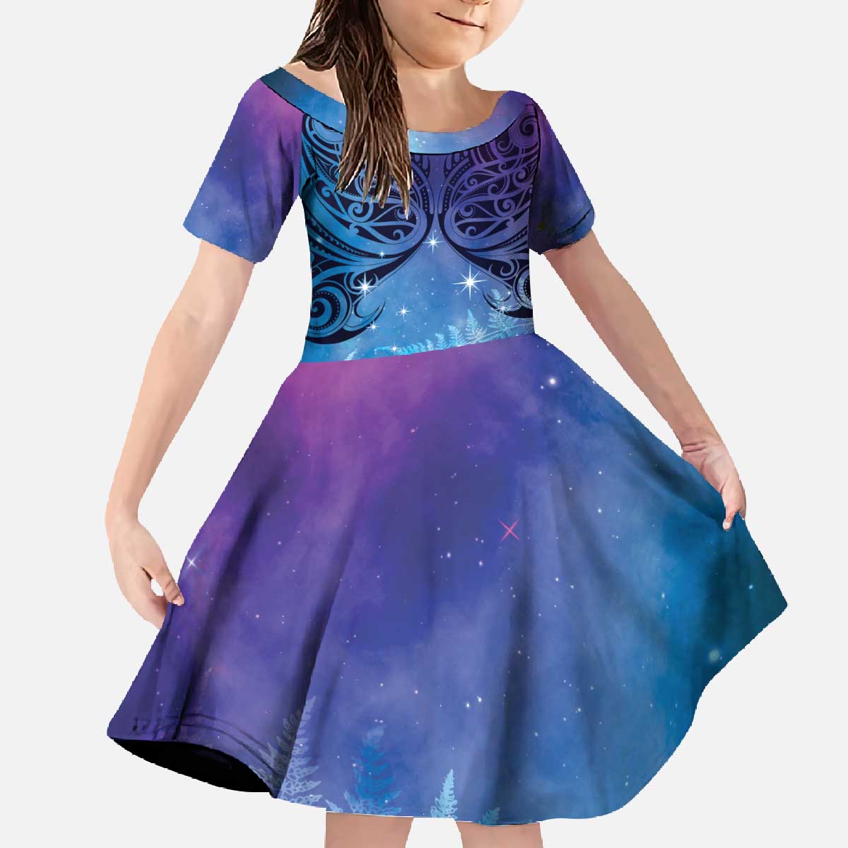 New Zealand Matariki Family Matching Off The Shoulder Long Sleeve Dress and Hawaiian Shirt Aotearoa Maori New Year Galaxy Maori Silver Fern LT14 Daughter's Dress Blue - Polynesian Pride