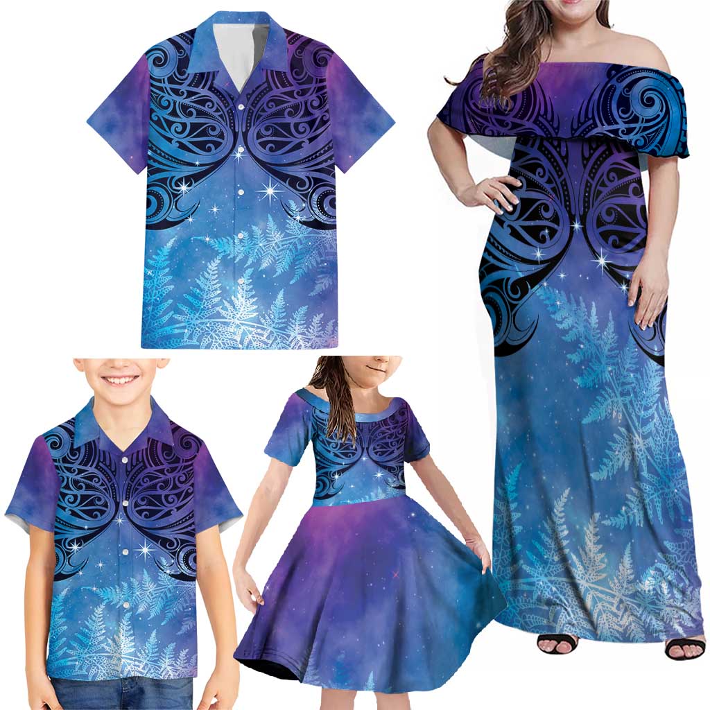 New Zealand Matariki Family Matching Off Shoulder Maxi Dress and Hawaiian Shirt Aotearoa Maori New Year Galaxy Maori Silver Fern LT14 - Polynesian Pride