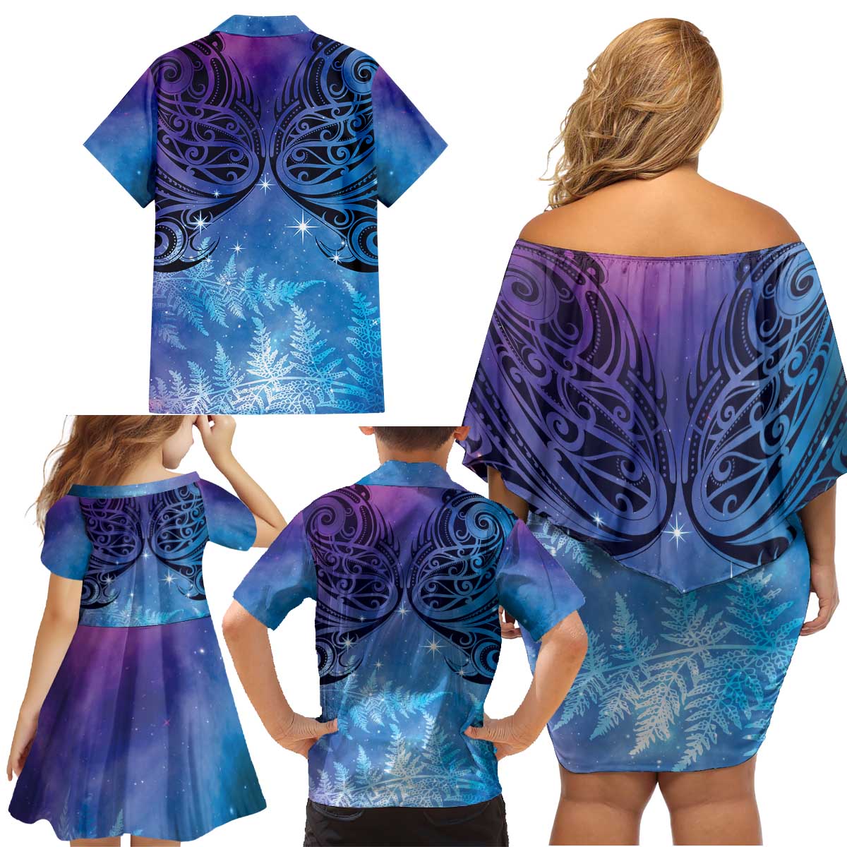 New Zealand Matariki Family Matching Off Shoulder Short Dress and Hawaiian Shirt Aotearoa Maori New Year Galaxy Maori Silver Fern LT14 - Polynesian Pride