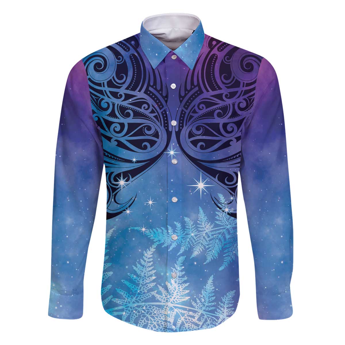 New Zealand Matariki Family Matching Off Shoulder Short Dress and Hawaiian Shirt Aotearoa Maori New Year Galaxy Maori Silver Fern LT14 Dad's Shirt - Long Sleeve Blue - Polynesian Pride