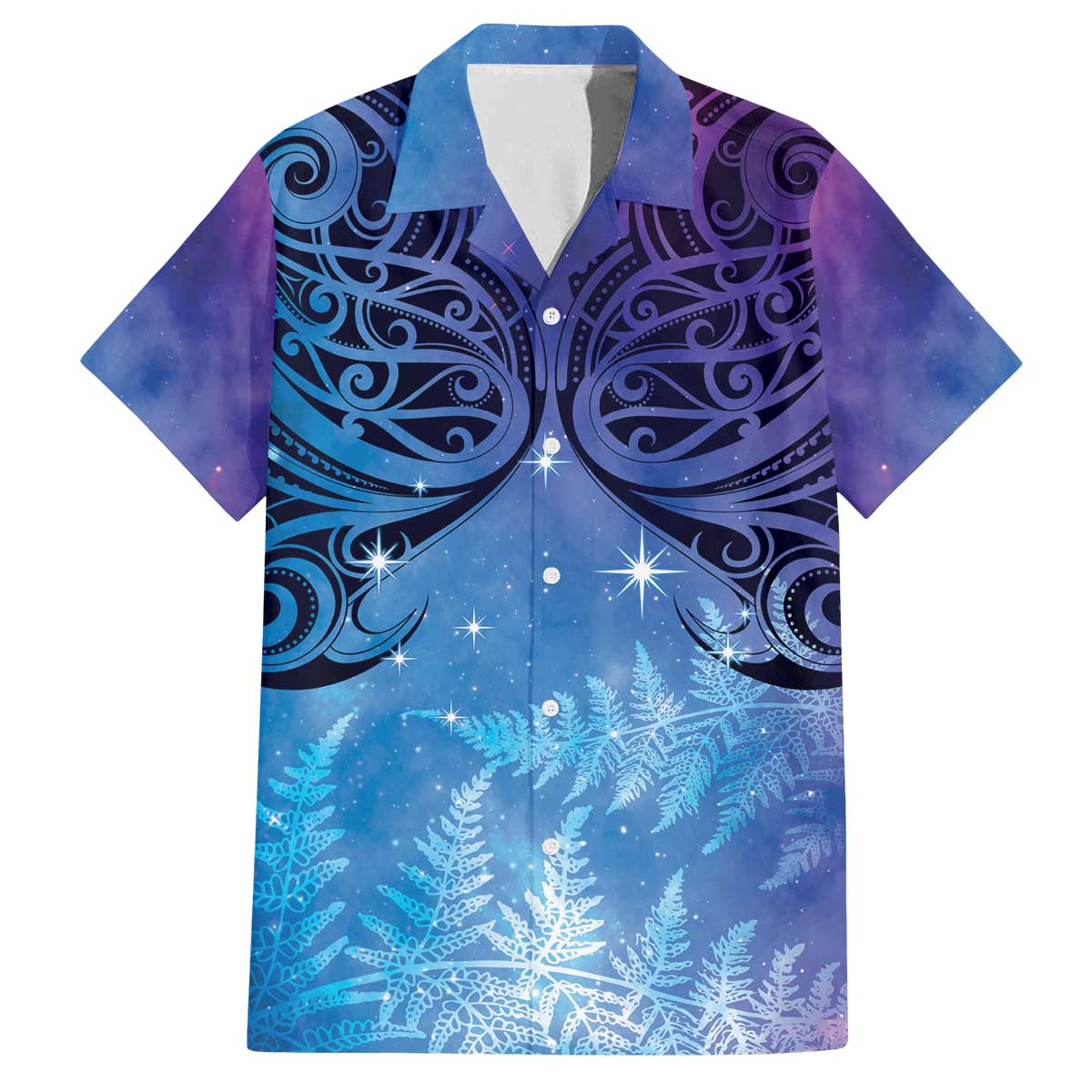New Zealand Matariki Family Matching Puletasi and Hawaiian Shirt Aotearoa Maori New Year Galaxy Maori Silver Fern LT14 Dad's Shirt - Short Sleeve Blue - Polynesian Pride
