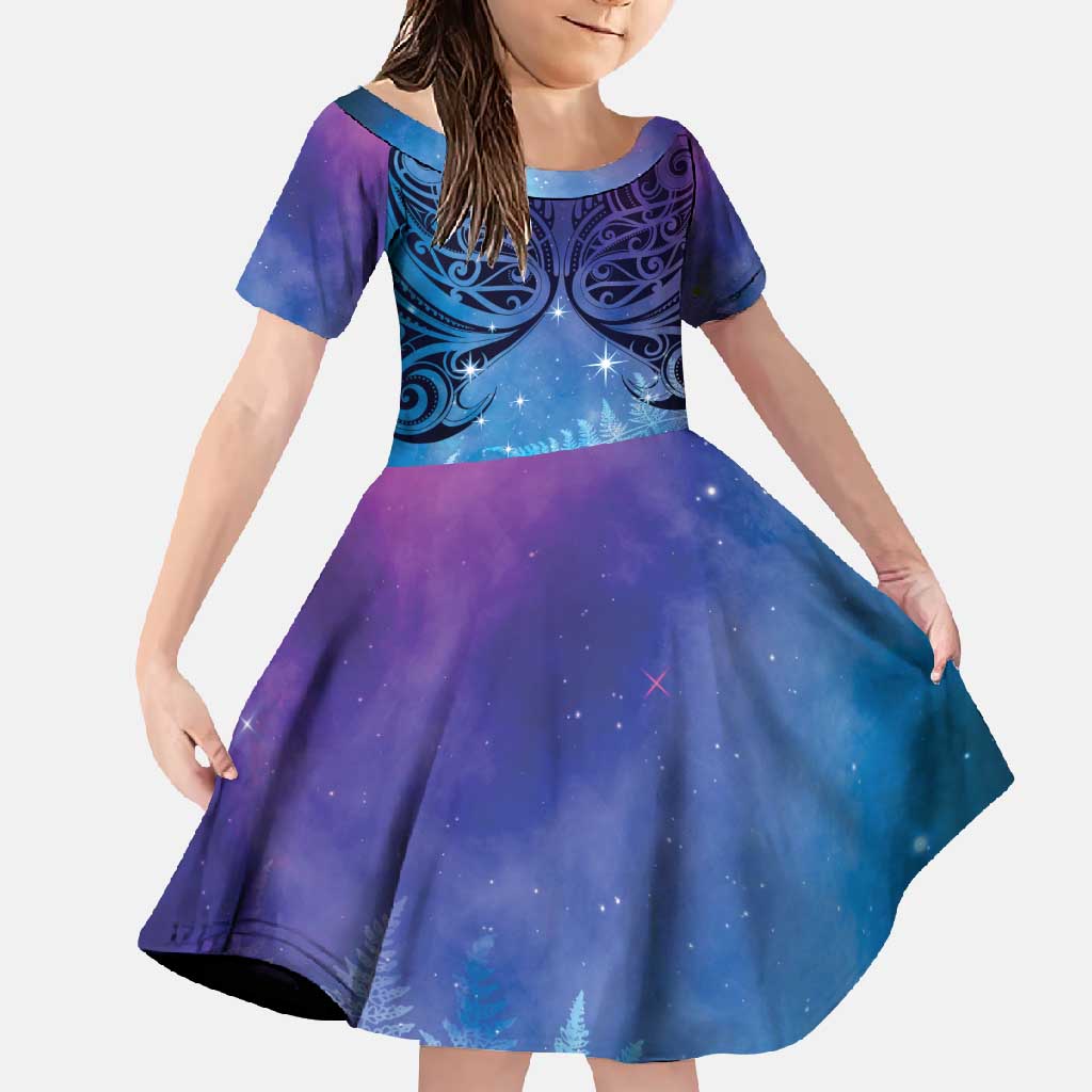 New Zealand Matariki Family Matching Summer Maxi Dress and Hawaiian Shirt Aotearoa Maori New Year Galaxy Maori Silver Fern LT14 Daughter's Dress Blue - Polynesian Pride