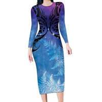 New Zealand Matariki Long Sleeve Bodycon Dress Aotearoa Maori New Year Galaxy Maori Silver Fern LT14 Long Dress Blue - Polynesian Pride