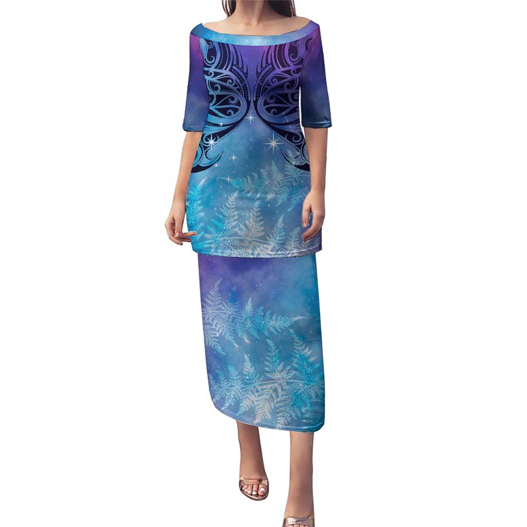New Zealand Matariki Puletasi Aotearoa Maori New Year Galaxy Maori Silver Fern LT14 Long Dress Blue - Polynesian Pride
