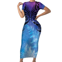 New Zealand Matariki Short Sleeve Bodycon Dress Aotearoa Maori New Year Galaxy Maori Silver Fern LT14 Long Dress Blue - Polynesian Pride