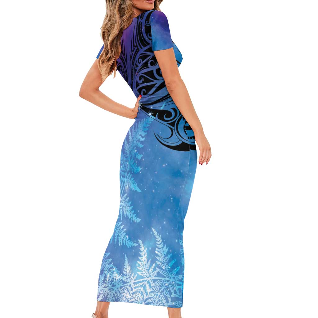 New Zealand Matariki Short Sleeve Bodycon Dress Aotearoa Maori New Year Galaxy Maori Silver Fern LT14 - Polynesian Pride