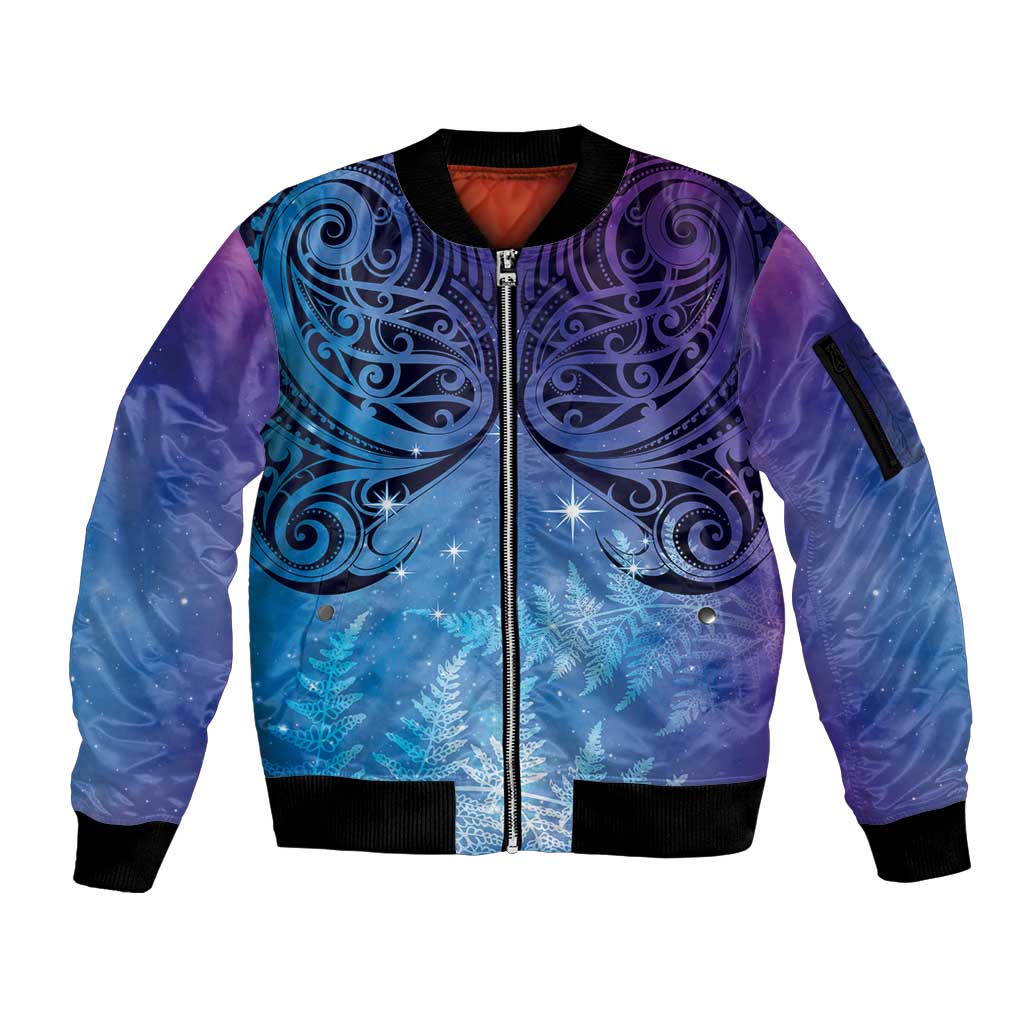 New Zealand Matariki Sleeve Zip Bomber Jacket Aotearoa Maori New Year Galaxy Maori Silver Fern LT14 Unisex Blue - Polynesian Pride
