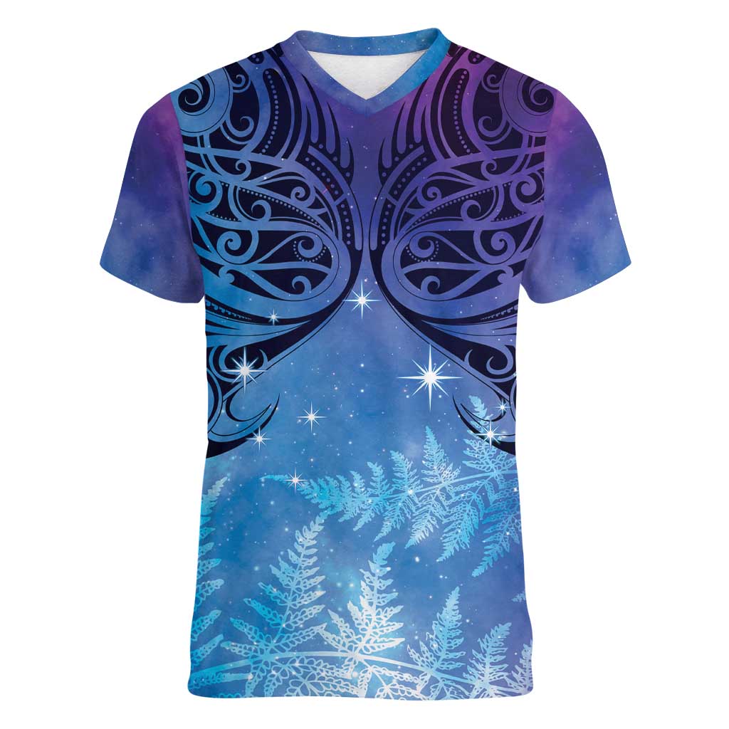 New Zealand Matariki Women V-Neck T-Shirt Aotearoa Maori New Year Galaxy Maori Silver Fern LT14 Female Blue - Polynesian Pride