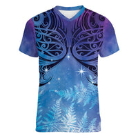 New Zealand Matariki Women V-Neck T-Shirt Aotearoa Maori New Year Galaxy Maori Silver Fern LT14 Female Blue - Polynesian Pride