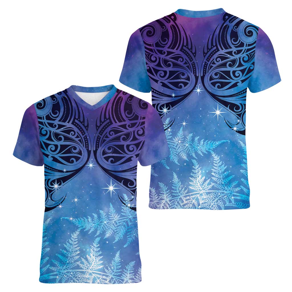 New Zealand Matariki Women V-Neck T-Shirt Aotearoa Maori New Year Galaxy Maori Silver Fern LT14 - Polynesian Pride
