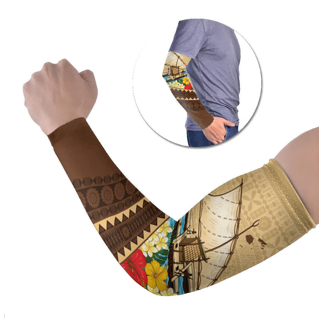 Personalised Bula Vinaka Fiji Drua Arm Sleeves Fijian Traditional Canoe Tapa Cloth Beige LT14 Set of 2 Beige - Polynesian Pride