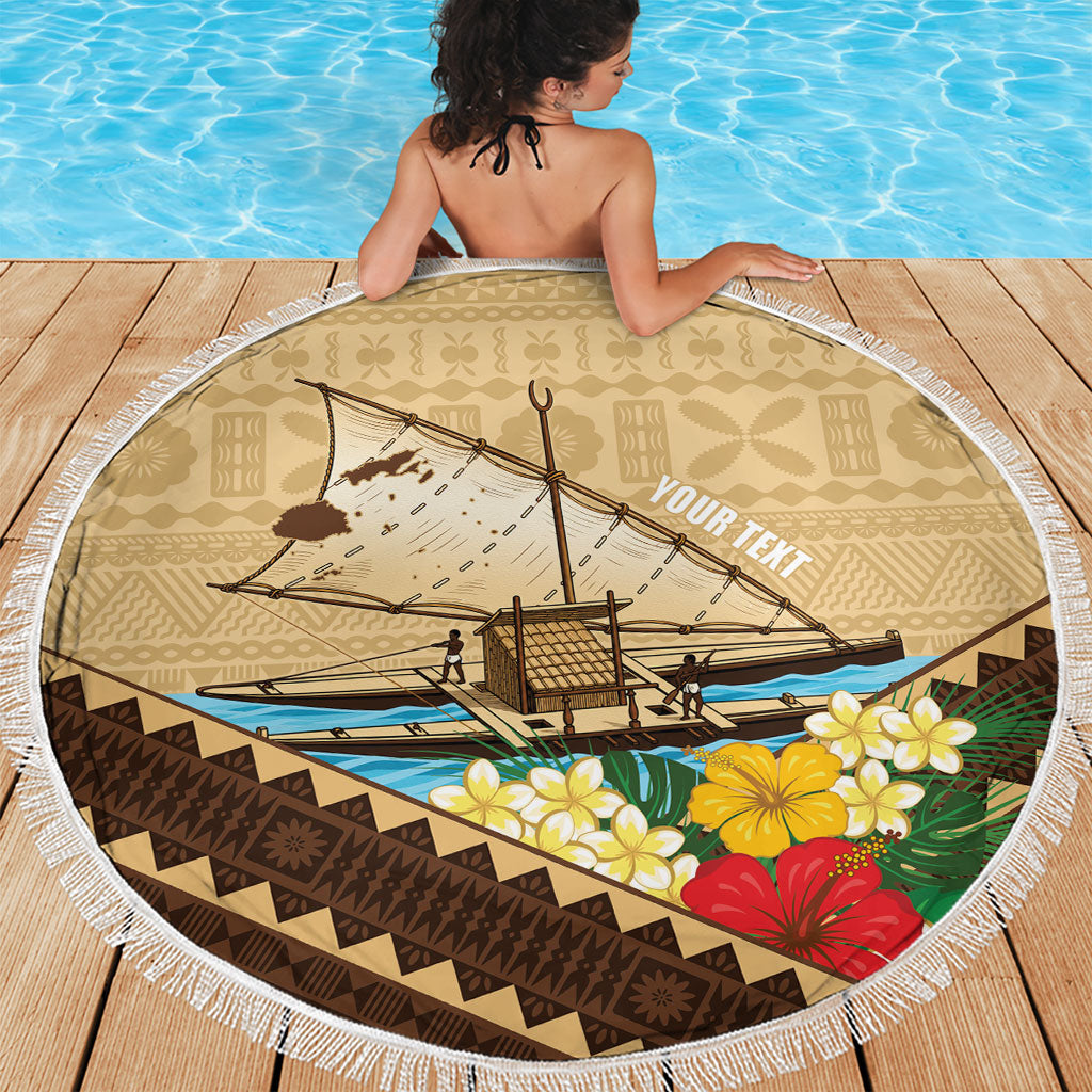 Personalised Bula Vinaka Fiji Drua Beach Blanket Fijian Traditional Canoe Tapa Cloth Beige LT14 - Polynesian Pride