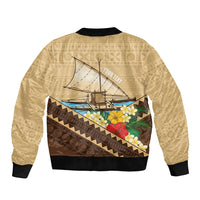 Personalised Bula Vinaka Fiji Drua Bomber Jacket Fijian Traditional Canoe Tapa Cloth Beige LT14 - Polynesian Pride