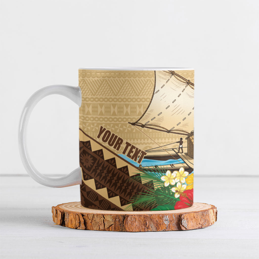 Personalised Bula Vinaka Fiji Drua Ceramic Mug Fijian Traditional Canoe Tapa Cloth Beige LT14 Beige - Polynesian Pride