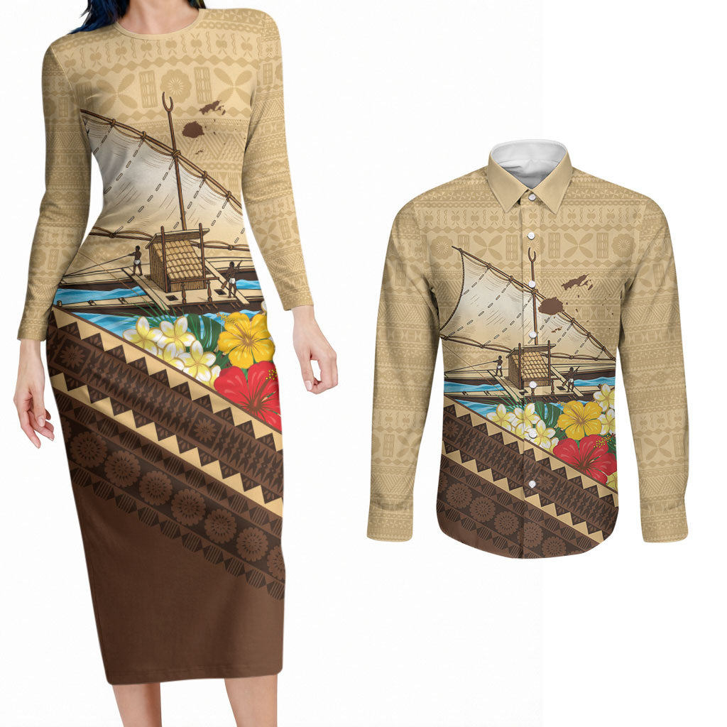 Personalised Bula Vinaka Fiji Drua Couples Matching Long Sleeve Bodycon Dress and Long Sleeve Button Shirt Fijian Traditional Canoe Tapa Cloth Beige LT14 Beige - Polynesian Pride