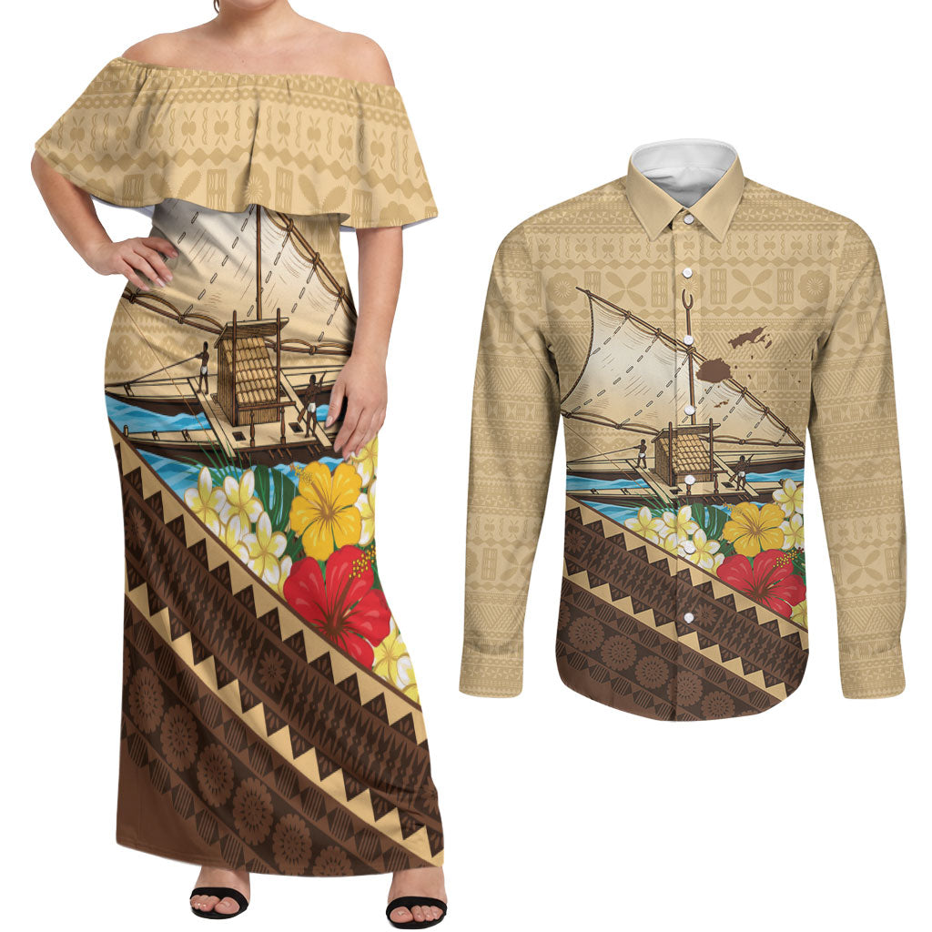 Personalised Bula Vinaka Fiji Drua Couples Matching Off Shoulder Maxi Dress and Long Sleeve Button Shirt Fijian Traditional Canoe Tapa Cloth Beige LT14 Beige - Polynesian Pride
