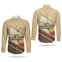 Personalised Bula Vinaka Fiji Drua Couples Matching Off Shoulder Maxi Dress and Long Sleeve Button Shirt Fijian Traditional Canoe Tapa Cloth Beige LT14 - Polynesian Pride