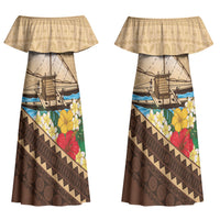 Personalised Bula Vinaka Fiji Drua Couples Matching Off Shoulder Maxi Dress and Long Sleeve Button Shirt Fijian Traditional Canoe Tapa Cloth Beige LT14 - Polynesian Pride