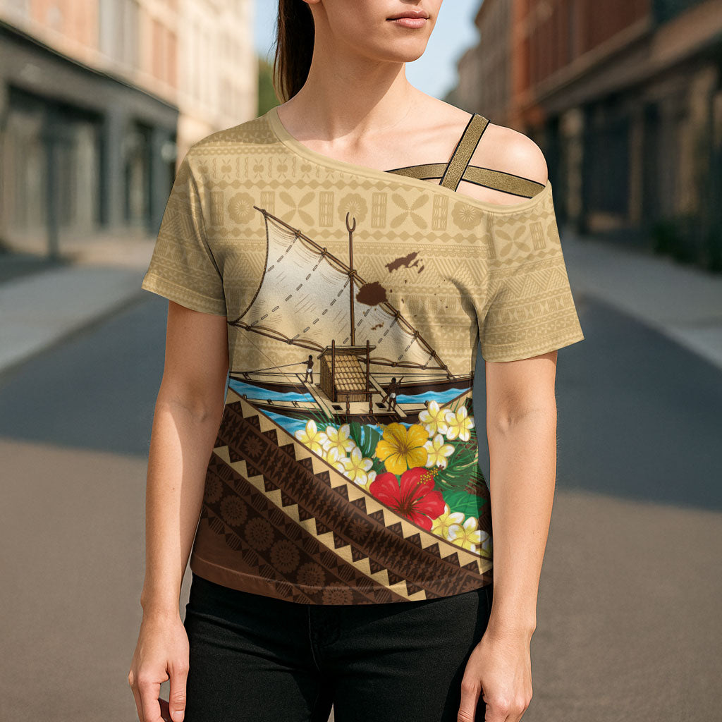Personalised Bula Vinaka Fiji Drua Cross Shoulder Shirt Fijian Traditional Canoe Tapa Cloth Beige LT14 - Polynesian Pride