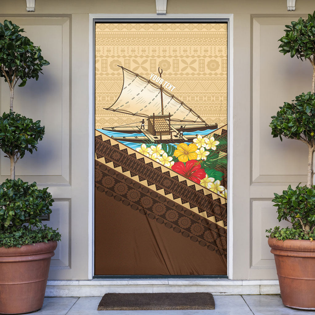 Personalised Bula Vinaka Fiji Drua Door Cover Fijian Traditional Canoe Tapa Cloth Beige LT14 Beige - Polynesian Pride