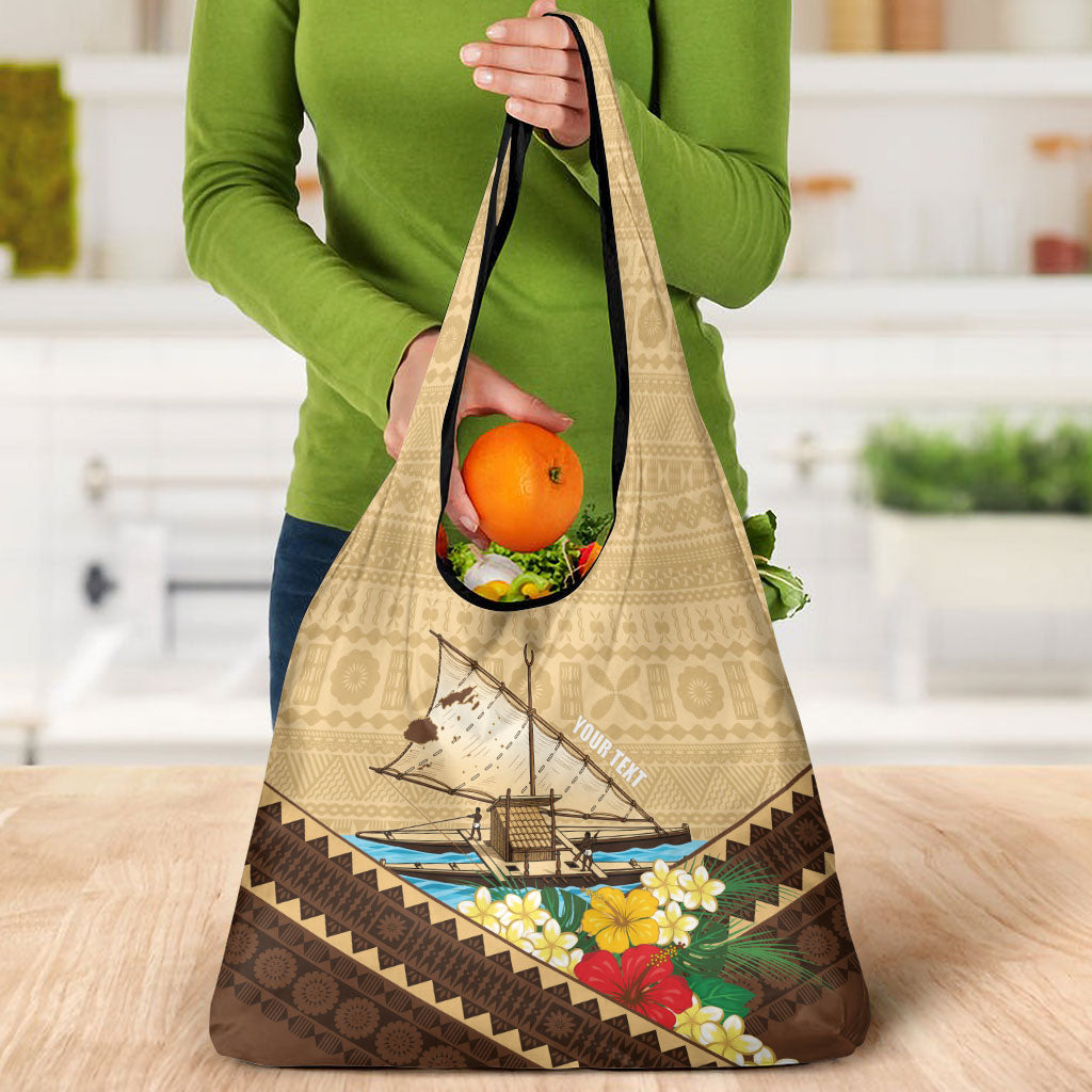 Personalised Bula Vinaka Fiji Drua Grocery Bag Fijian Traditional Canoe Tapa Cloth Beige LT14 - Polynesian Pride